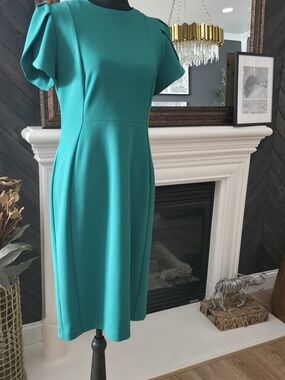 Calvin Klein Teal Midi Dress with Puff Sleeves